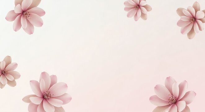 Four beautiful delicate soft pink blossoms arranged symmetrically to create a graceful and elegant floral border frame composition