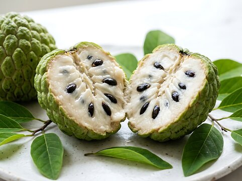 Custard apple fruit cut in half with seeds and leaves on a white plate  tropical dessert  sweets  exotic  healthy eating  sugar apple
