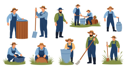 Fototapeta premium Rural men wearing straw hats and denim overalls perform various agricultural tasks, including tending to barrels, using shovels, carrying milk cans, and working with buckets,