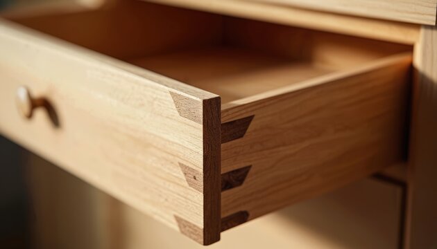 Natural wood drawer with dovetail joints. Closeup detail of joinery in furniture construction. Clean interior empty cabinet part shows craftsmanship.