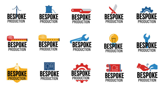 Collection of clean vector logos featuring sewing needle, thread spool, cutter, saw, gear, measuring tape, wrench, lightbulb, blueprint, and hands crafting, symbolizing bespoke
