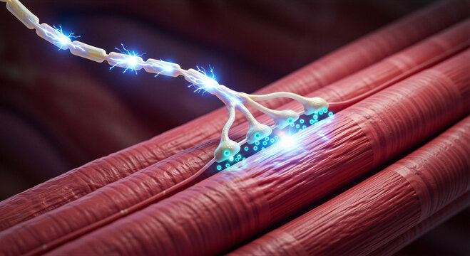 Motor neuron axon terminal connects to muscle fibers releasing electrical sparks for contraction. Ideal for educational biology anatomy materials. Concept of motion
