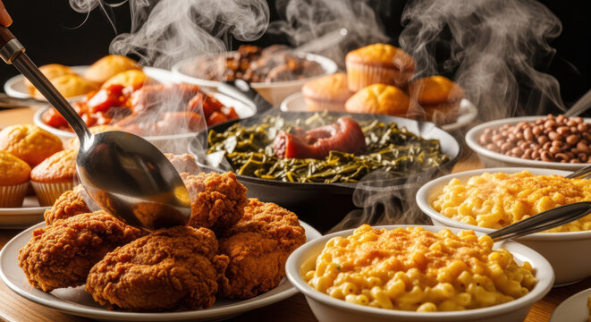 Fried Chicken Served with Southern Soul Food Comfort Sides in a Buffet