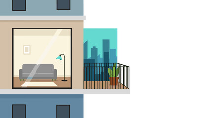 Fototapeta premium Modern apartment interior with grey sofa, minimalist floor lamp, and balcony overlooking a serene turquoise cityscape, showcasing clean lines, geometric shapes, and a calming