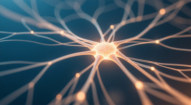 Solitary neuron cell with luminous dendrites extending into the blue void illustrates brain function and individual thought for medical research concepts