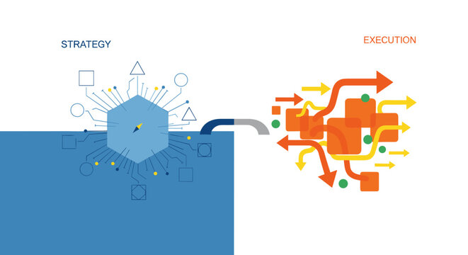 Conceptual diagram visually contrasting strategic planning with dynamic execution using geometric shapes, arrows, and data flow elements in a clean, modern blue, orange, and