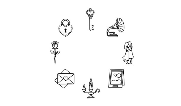 Vintage romantic love icon set with heart padlock keys gramophone and couple silhouette vector illustration
