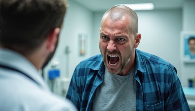 Angry man yells at doctor in medical room. Aggressive male patient shows frustration in clinic. Doctor listens to upset man with beard in office. Health care conflict.