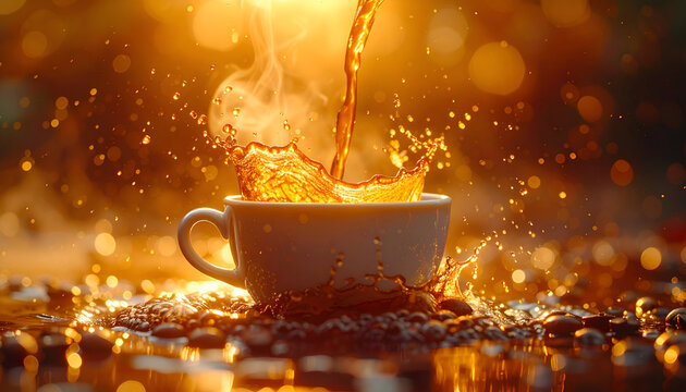 A close-up shot captures the dynamic moment of hot liquid splashing into a white cup, surrounded by coffee beans and illuminated by warm, golden bokeh.
