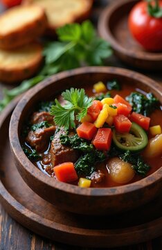 Madagascan Romazava stew served in wooden bowl. Rich beef broth, tender meat, fresh vegetables. Rustic meal presentation with bread and tomato side.