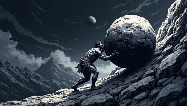 Man pushes large stone up mountain slope under dark sky with moon. This illustration symbolizes struggle and effort against insurmountable odds.