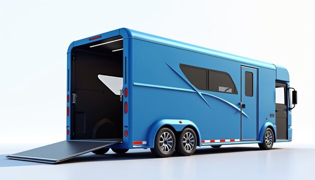 Modern blue horse trailer, ramp lowered, ready for animal transport. Interior visible, sleek design, safe travel for equine athletes. Utility vehicle for equestrian needs.
