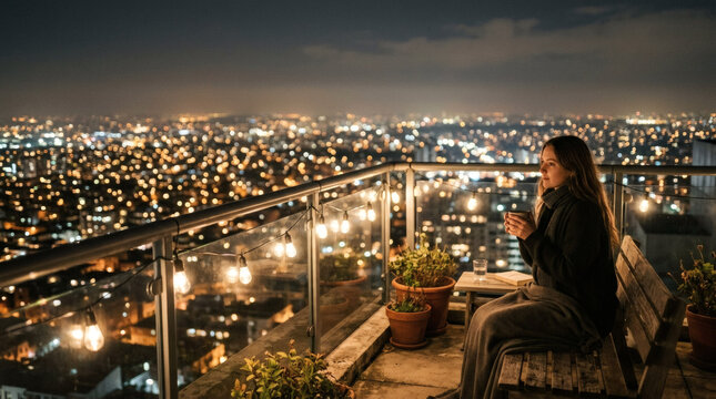 Photograph of a woman with long brown hair, sitting on a balcony at night, gazing at a cityscape filled with twinkling lights below.