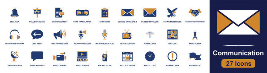 Communication icon set. Containing bell, bulletin board, chat document, envelope, microphone, video camera, satellite dish, walkie talkie, radio tower and more. Solid fill vector icons. © Sadam