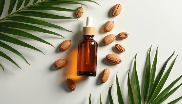 Amber glass dropper bottle with bamboo lid surrounded by batana nuts and green palm leaves. Natural oil serum for hair and skin care. Minimalist wellness flat lay composition on light background.