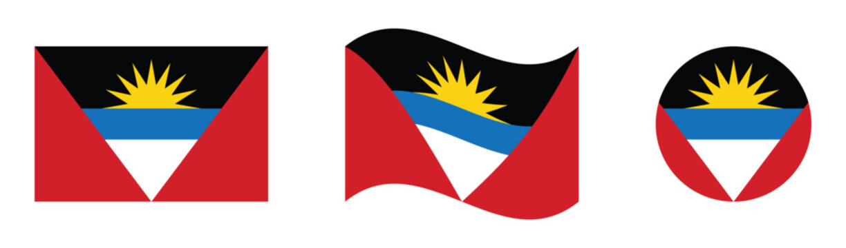 Antigua and Barbuda national flag set with flat waving and circular icon designs