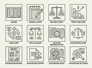 Fototapeta premium A set of accounting icons depicting financial concepts, including ledger, journal entry, balance sheet, profit and loss, in a simple line art style on a neutral background for business and f