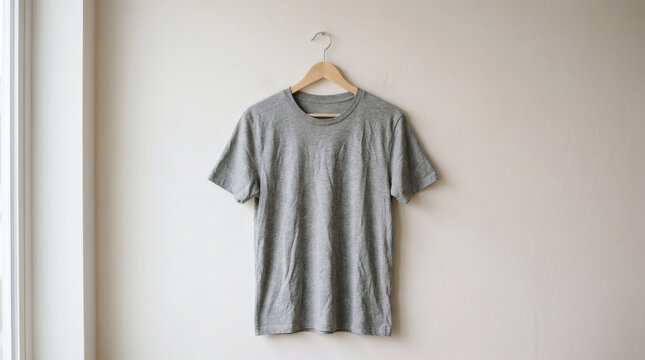 Photograph of a plain, light gray t-shirt hanging on a simple wooden hanger against a plain, white wall. The shirt has short sleeves and a crew neck, with no visible logos or patterns.