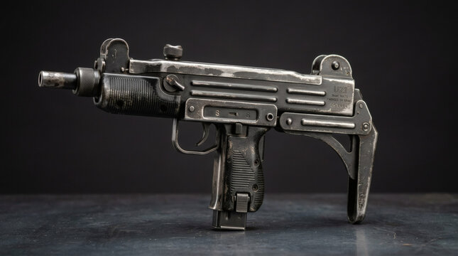 A detailed photograph of a vintage, black, metallic submachine gun with a long barrel and a folding stock, set against a dark, textured background.