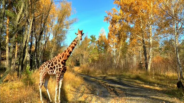 A giraffe stands tall amidst a forest path, its patterned coat contrasting with the vibrant autumn foliage under a clear, bright blue sky.