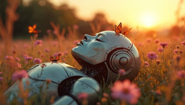 A metallic robot lays in a flower field at sunset with butterflies resting on its head. The android appears to be dreaming or resting peacefully in nature.