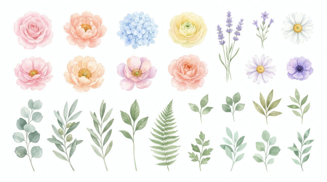 A digital watercolor illustration featuring 24 flowers and foliage in soft pastel shades of pink, peach, blue, yellow, and purple.