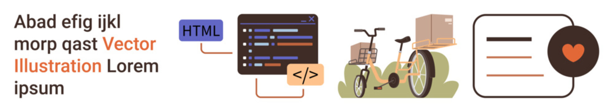 Web design, coding interface, eco-delivery, online orders, engagement ideas, digital communication. Coding editor with HTML tags, a delivery bike and a heart symbol. Web design and eco-delivery