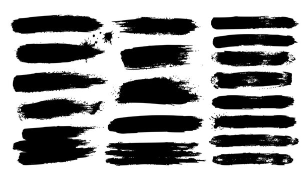 Black ink brush stroke collection with grunge paint roller textures distressed banner vector