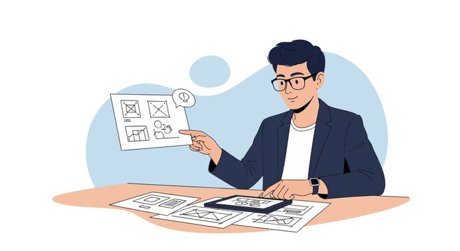 Designer working on wireframes and user interface for app development, planning website layout.