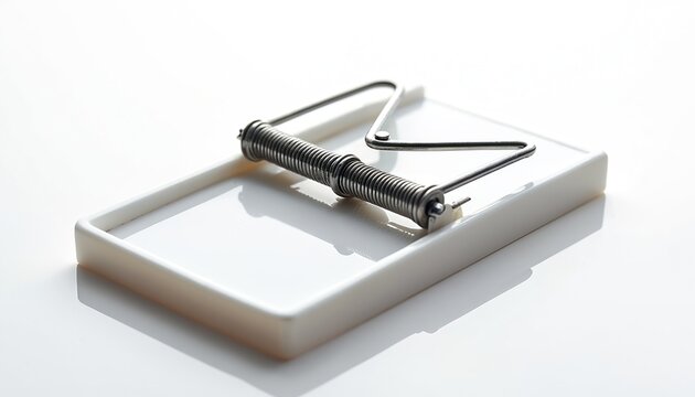 Modern white mousetrap with metal spring mechanism. This open trap is set and ready to catch pests. It sits isolated on a clean white surface.