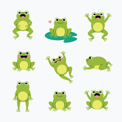 Cute green frog vector set, smiling frog characters in different poses like jumping, sitting, and croaking, playful cartoon style ideal for kids’ designs and nature-themed illustrations.