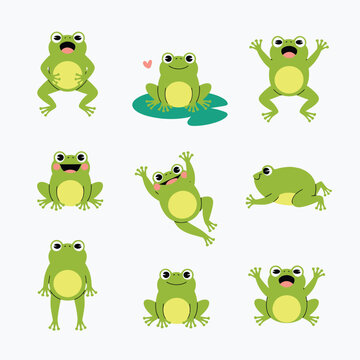 Cute green frog vector set, smiling frog characters in different poses like jumping, sitting, and croaking, playful cartoon style ideal for kids&rsquo; designs and nature-themed illustrations.