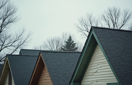 Several houses with different roof styles stand under overcast sky. Bare trees surround residences, creating somber, natural backdrop. Sidings appear worn, weathered, showing cracks, suggesting age