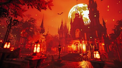 Obraz premium Dramatic, gothic mansion at dusk under a full moon, with bats, trees, and glowing lights