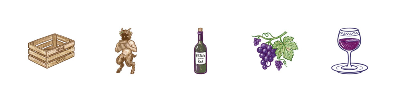 Wine Production and Viticulture Mythology Elements with Traditional Inky Pencil Texture and Crayon Colorful Aesthetic