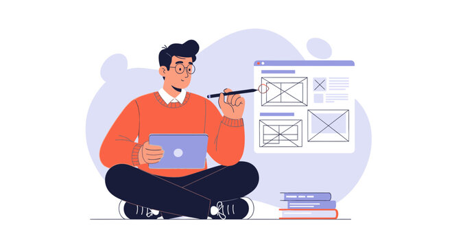 Web Designer Planning Website Wireframes on Tablet and Laptop