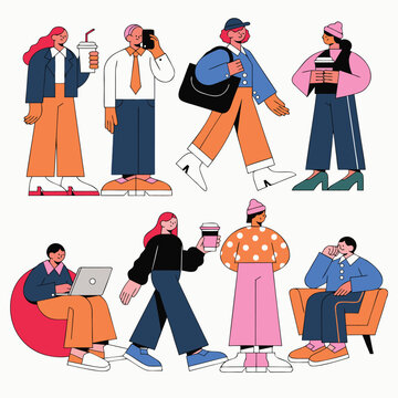 A diverse group of people engage in daily activities including working and socializing