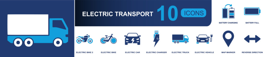 Electric transport icon set. Containing battery charging, battery full, electric bike, electric car, electric truck, charger, map marker, reverse direction and more. Solid fill vector icons. © Mellisa