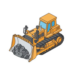 Yellow bulldozer pushing rocks with its blade. © karina
