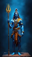Fototapeta premium Blue skinned Mahadev poses with golden trident. He wears tiger skin sash and blue dhoti for Hindu festival. Powerful deity embodies cosmic energy and destroyer creator roles.
