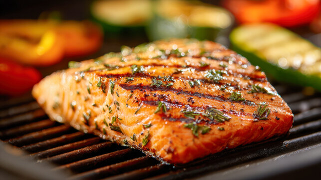 Grilled salmon fillet seasoned with fresh herbs cooking on a barbecue grill with colorful vegetables in the background for a healthy meal idea