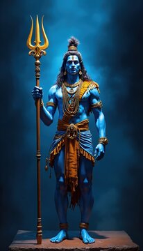 Blue skinned Mahadev poses with golden trident. He wears tiger skin sash and blue dhoti for Hindu festival. Powerful deity embodies cosmic energy and destroyer creator roles.