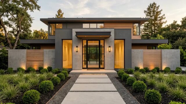 A modern home stands tall with clear views of the garden during the evening light