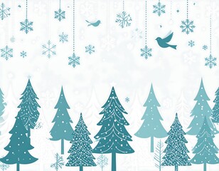 Obraz premium Winter scene with teal fir trees, snowflakes, & birds against a light blue background