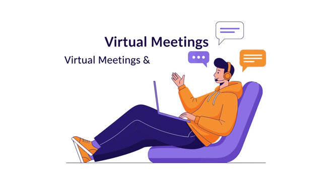 Young man in headphones on a couch with a laptop, virtual meetings concept