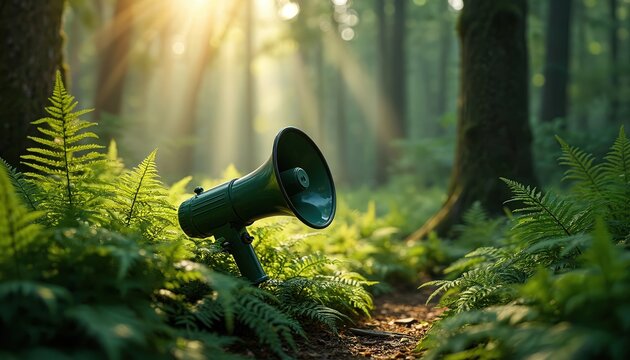 Green megaphone rests on forest floor in rich ferns. Sunlight streams through trees, creating a serene, natural scene. Call for environmental action.