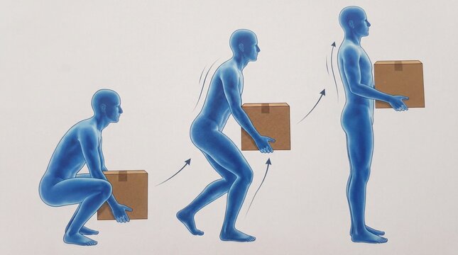 Proper lifting technique demonstrated by a man lifting a box safely