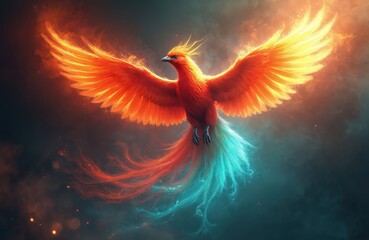 Fototapeta premium Fiery phoenix bird with bright orange wings and turquoise tail feathers flies upward. Mythical creature symbolizes rebirth transformation overcoming struggle. Abstract digital art background.