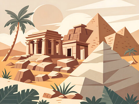Hampi ruins in cubist-inspired minimal vector, fragmented rock forms, stylized monument angles