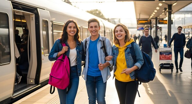 Smiling Friends on Train Platform with Ready for Adventure, Travel, and with Backpacks.